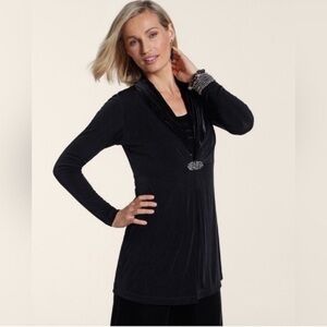 Vintage Chico’s Travelers black Long Cardigan Jacket Rhinestoned Latch Sz L/2